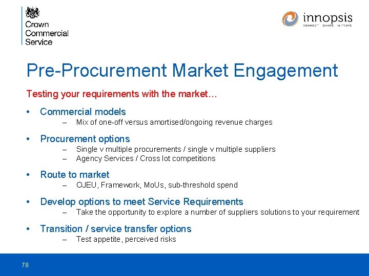 Pre-Procurement Market Engagement Testing your requirements with the market… • Commercial models – •