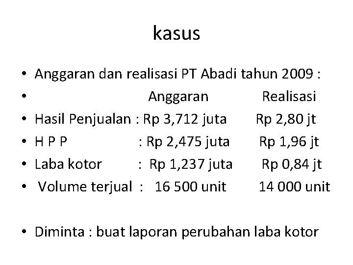 kasus • • • Anggaran dan realisasi PT Abadi tahun 2009 : Anggaran Realisasi