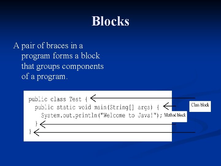 Blocks A pair of braces in a program forms a block that groups components Blocks A pair of braces in a program forms a block that groups components