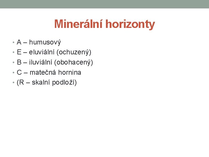 Minerální horizonty • A – humusový • E – eluviální (ochuzený) • B –