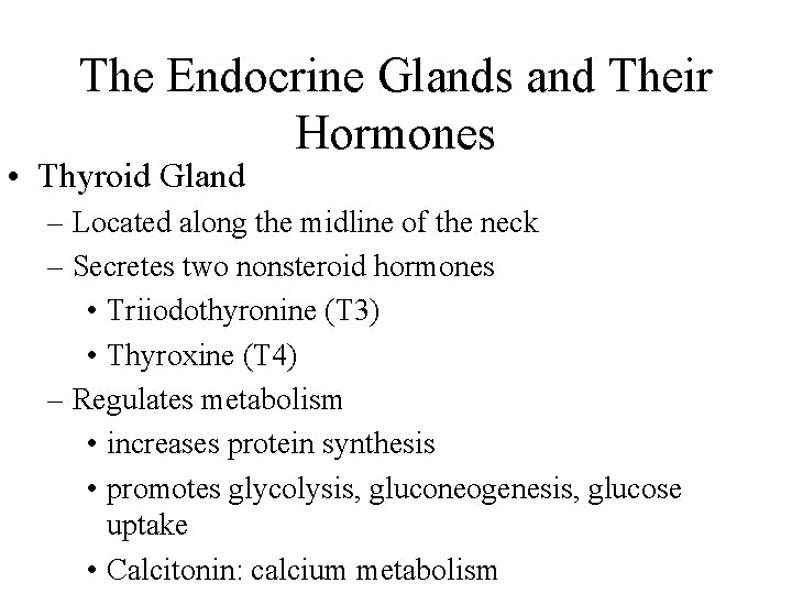 The Endocrine Glands and Their Hormones • Thyroid Gland – Located along the midline