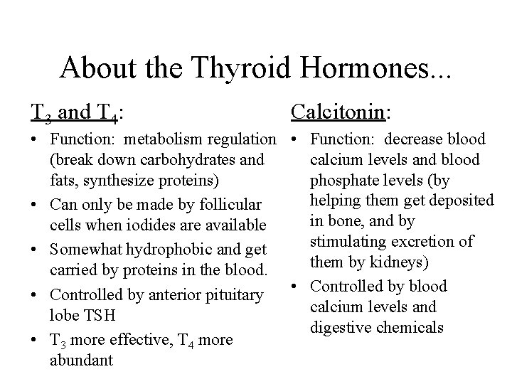 About the Thyroid Hormones. . . T 3 and T 4: Calcitonin: • Function: