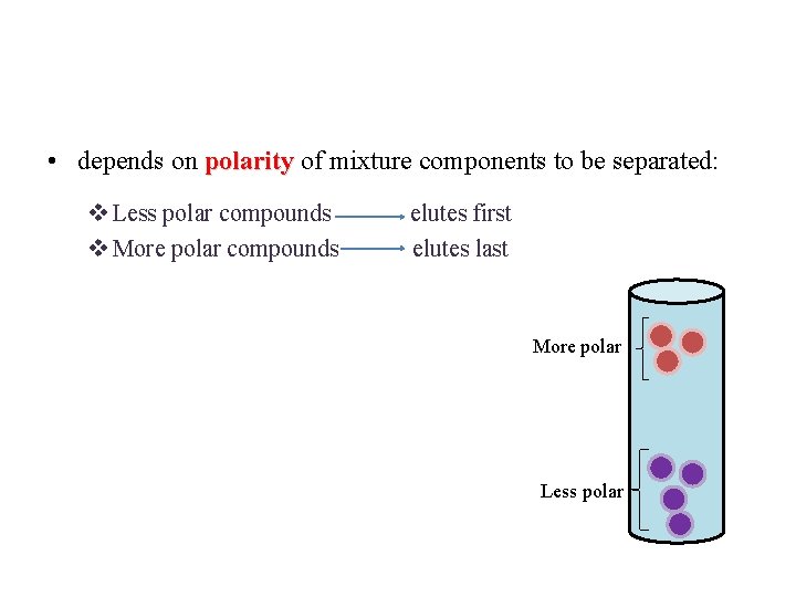  • depends on polarity of mixture components to be separated: v Less polar