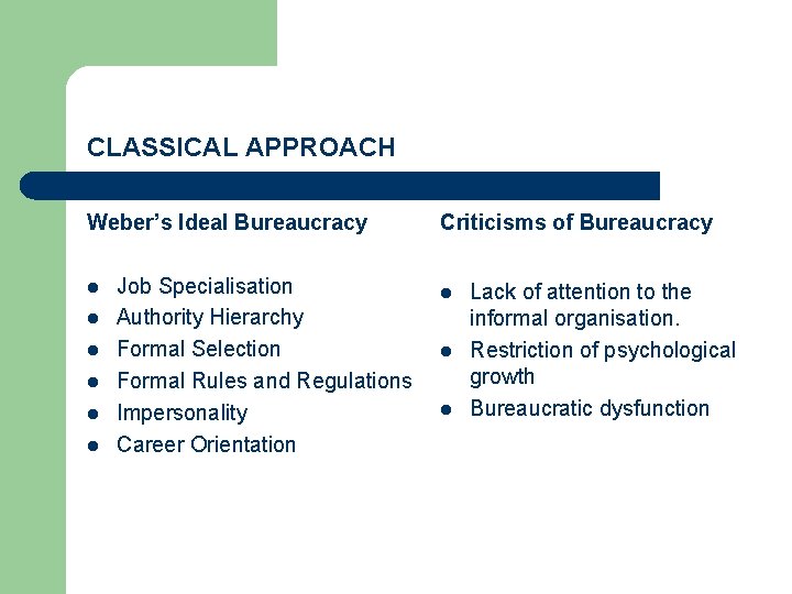 CLASSICAL APPROACH Weber’s Ideal Bureaucracy l l l Job Specialisation Authority Hierarchy Formal Selection