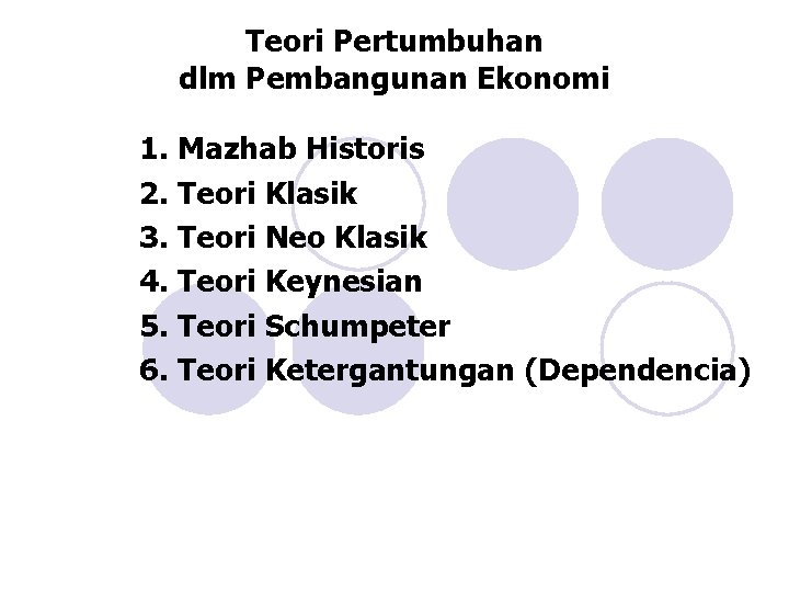 Teori Pertumbuhan dlm Pembangunan Ekonomi 1. Mazhab Historis 2. Teori Klasik 3. Teori Neo