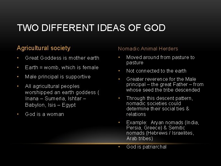 TWO DIFFERENT IDEAS OF GOD Agricultural society Nomadic Animal Herders • Great Goddess is