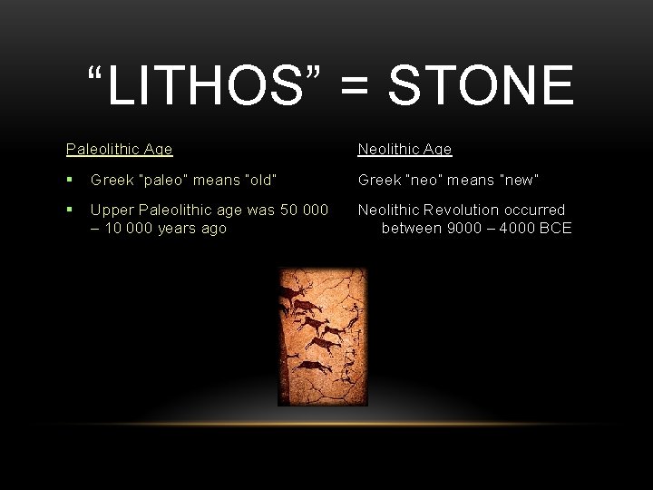 “LITHOS” = STONE Paleolithic Age Neolithic Age Greek “paleo” means “old” Greek “neo” means