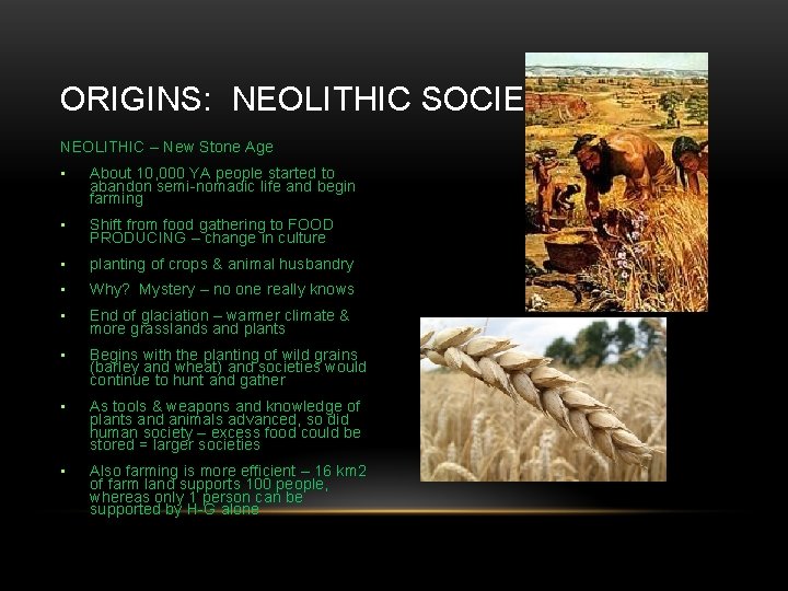 ORIGINS: NEOLITHIC SOCIETY NEOLITHIC – New Stone Age • About 10, 000 YA people