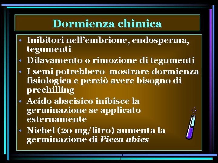 Dormienza chimica • Inibitori nell’embrione, endosperma, tegumenti • Dilavamento o rimozione di tegumenti •