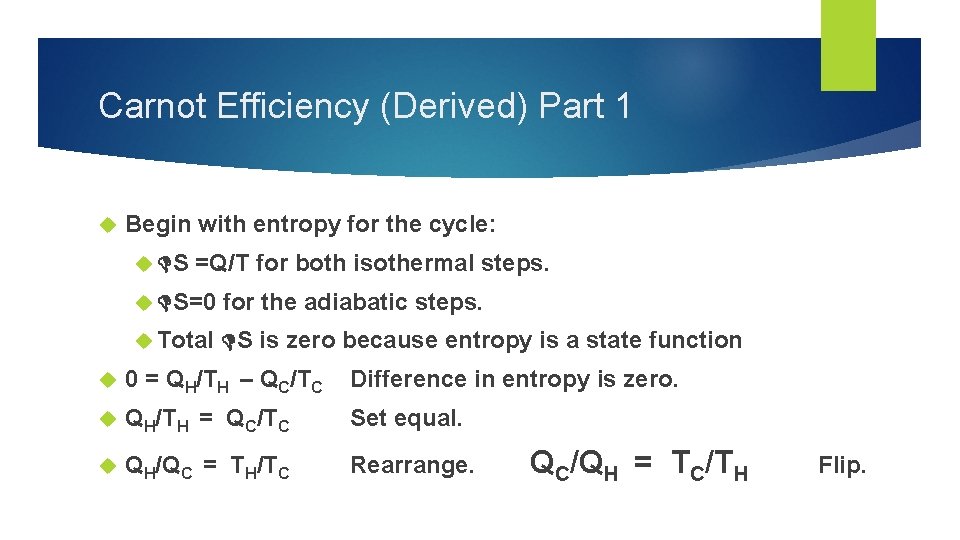 Carnot Efficiency (Derived) Part 1 Begin with entropy for the cycle: S =Q/T for