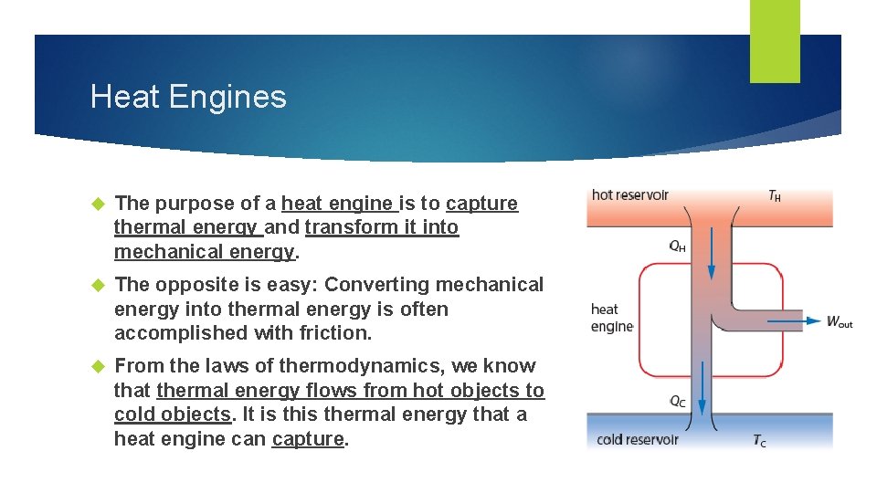Heat Engines The purpose of a heat engine is to capture thermal energy and