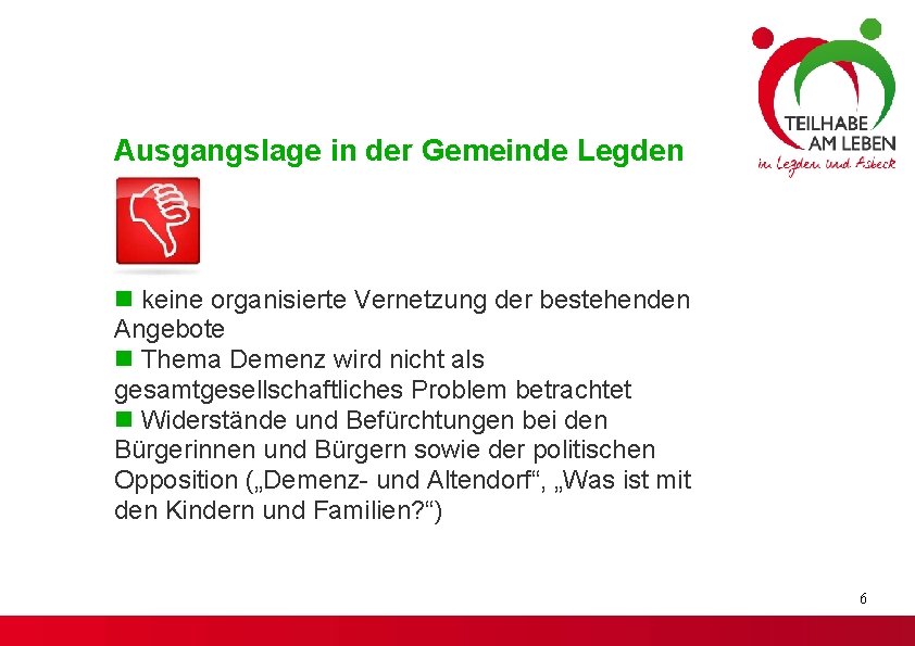 Ausgangslage in der Gemeinde Legden keine organisierte Vernetzung der bestehenden Angebote Thema Demenz wird