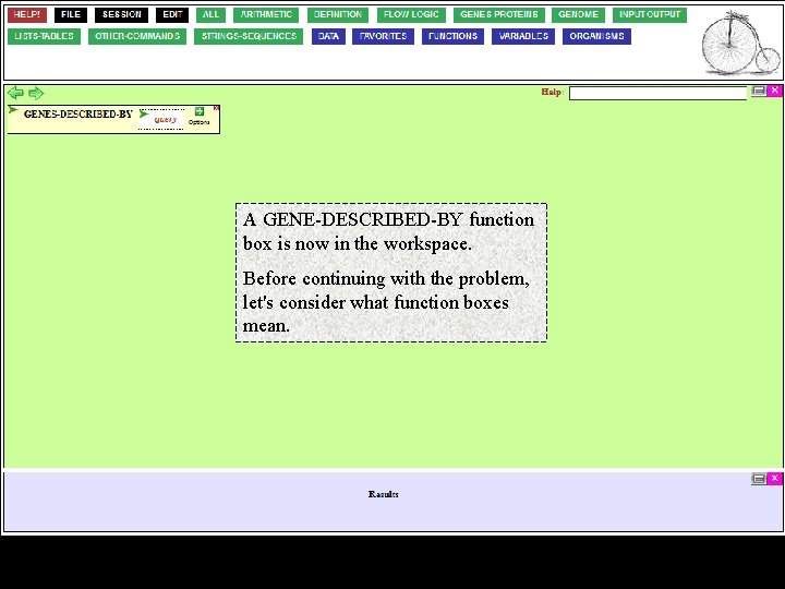 A GENE-DESCRIBED-BY function box is now in the workspace. Before continuing with the problem,