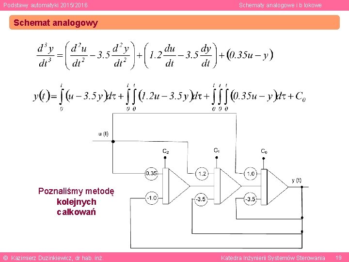 Podstawy automatyki 2015/2016 Schematy analogowe i b lokowe Schemat analogowy Poznaliśmy metodę kolejnych całkowań