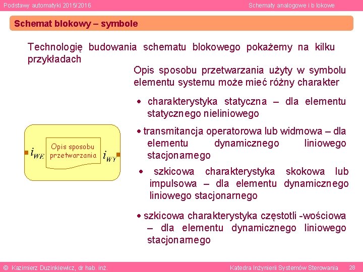 Podstawy automatyki 2015/2016 Schematy analogowe i b lokowe Schemat blokowy – symbole Technologię budowania