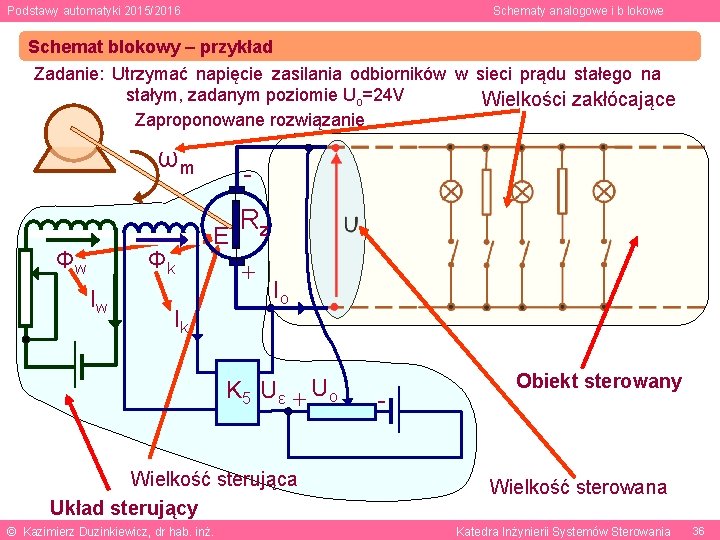 Podstawy automatyki 2015/2016 Schematy analogowe i b lokowe Schemat blokowy – przykład Zadanie: Utrzymać