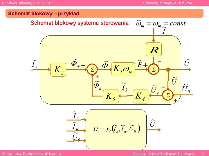 Podstawy automatyki 2015/2016 Schematy analogowe i b lokowe Schemat blokowy – przykład Schemat blokowy