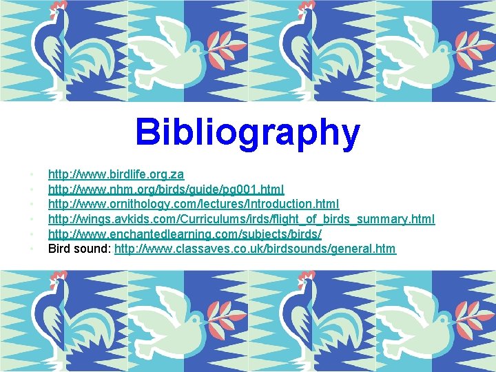 Bibliography • • • http: //www. birdlife. org. za http: //www. nhm. org/birds/guide/pg 001.