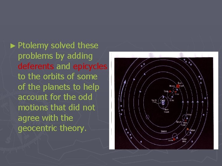 ► Ptolemy solved these problems by adding deferents and epicycles to the orbits of