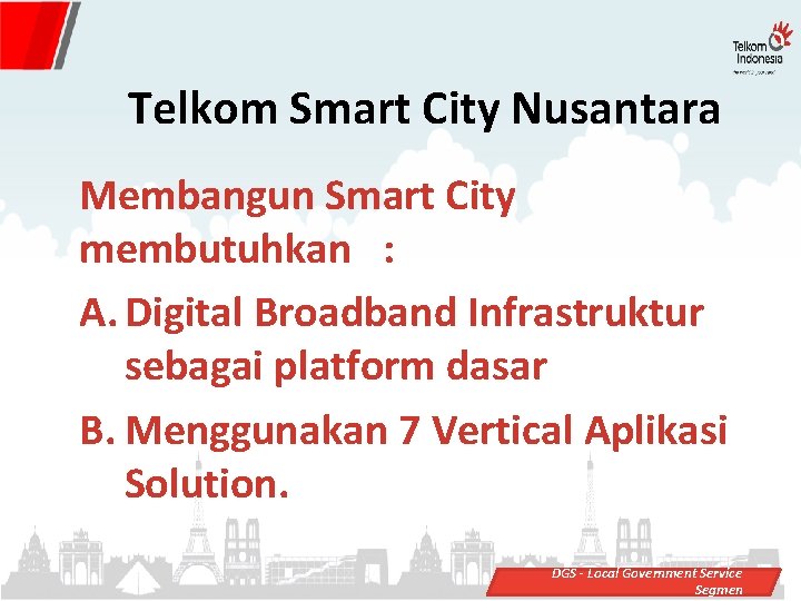 Telkom Smart City Nusantara Membangun Smart City membutuhkan : A. Digital Broadband Infrastruktur sebagai