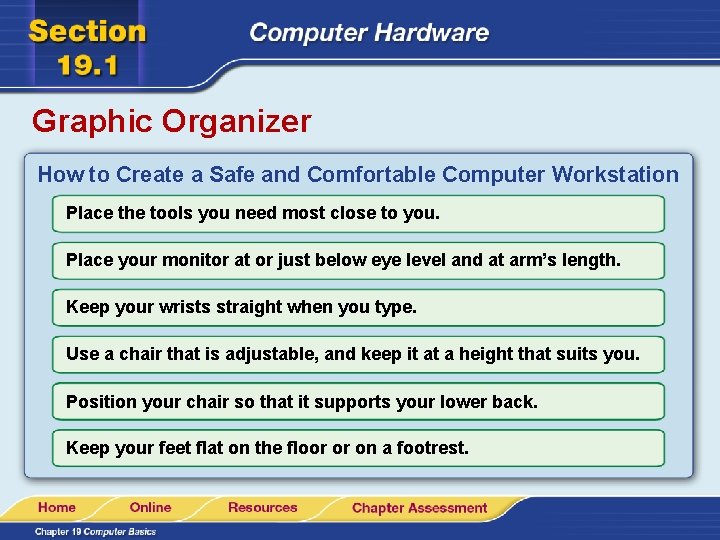 Graphic Organizer How to Create a Safe and Comfortable Computer Workstation Place the tools