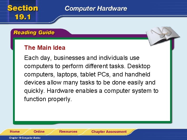The Main Idea Each day, businesses and individuals use computers to perform different tasks.