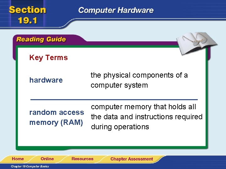 Key Terms hardware the physical components of a computer system computer memory that holds