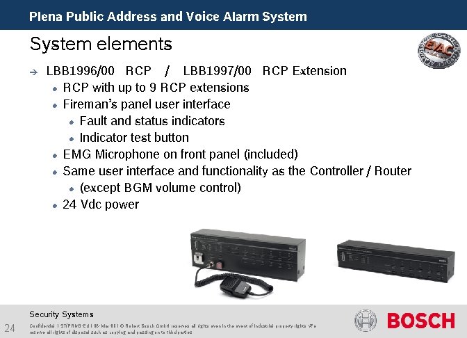 Plena Public Address and Voice Alarm System elements è LBB 1996/00 RCP / LBB