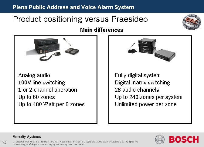 Plena Public Address and Voice Alarm System Product positioning versus Praesideo Main differences Analog