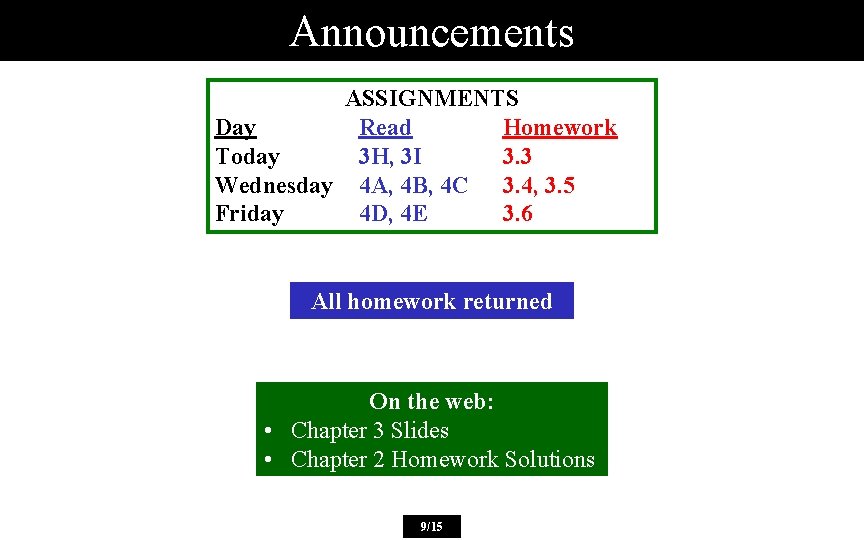 Announcements ASSIGNMENTS Day Read Homework Today 3 H, 3 I 3. 3 Wednesday 4