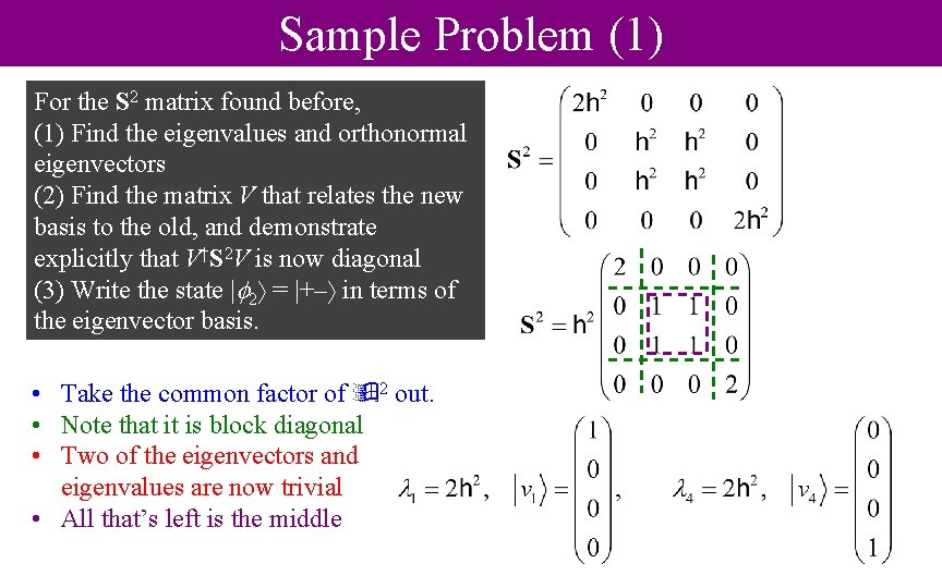 Sample Problem (1) For the S 2 matrix found before, (1) Find the eigenvalues