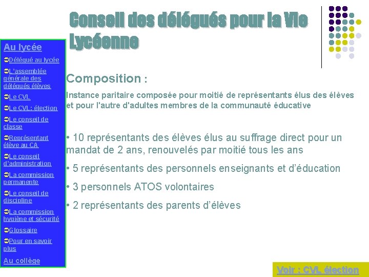 Au lycée Conseil des délégués pour la Vie Lycéenne ÜDélégué au lycée ÜL’assemblée générale