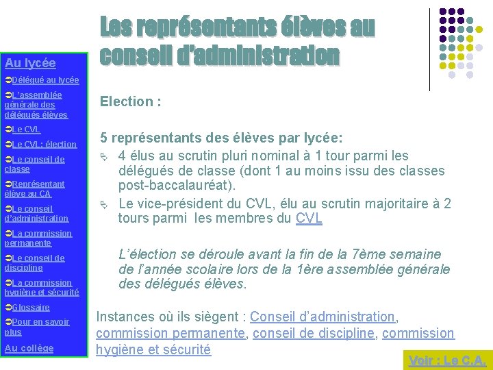 Au lycée Les représentants élèves au conseil d’administration ÜDélégué au lycée ÜL’assemblée générale des