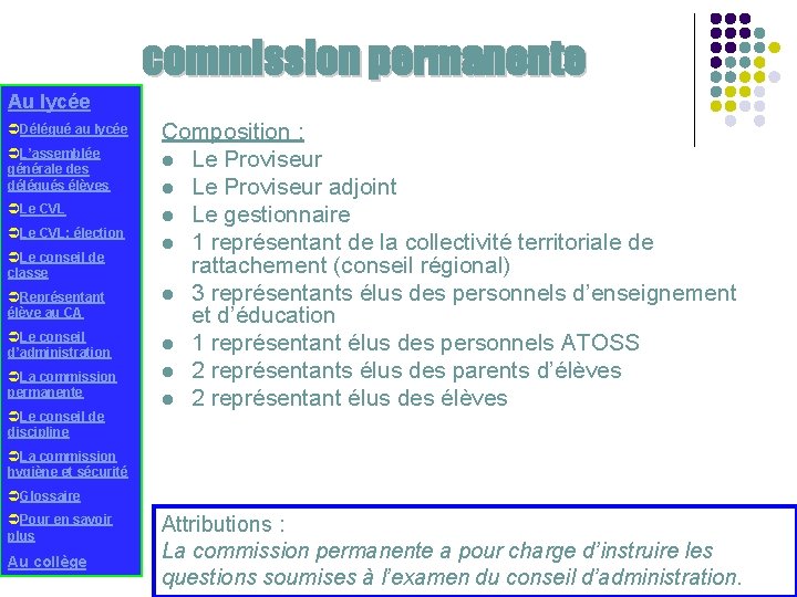 commission permanente Au lycée ÜDélégué au lycée ÜL’assemblée générale des délégués élèves ÜLe CVL: