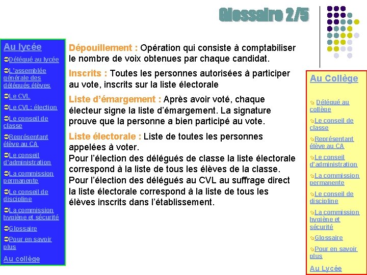 Glossaire 2/5 Au lycée ÜDélégué au lycée Dépouillement : Opération qui consiste à comptabiliser