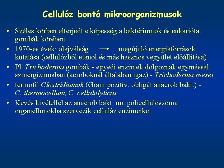 Cellulóz bontó mikroorganizmusok • Széles körben elterjedt e képesség a baktériumok és eukarióta gombák