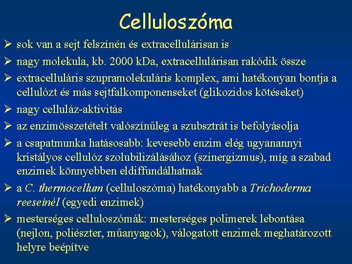 Celluloszóma Ø sok van a sejt felszínén és extracellulárisan is Ø nagy molekula, kb.