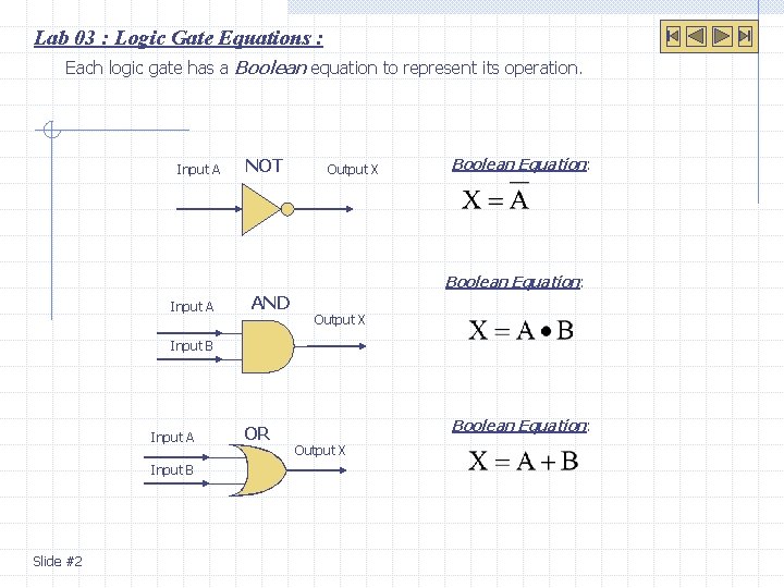 Lab 03 : Logic Gate Equations : Each logic gate has a Boolean equation Lab 03 : Logic Gate Equations : Each logic gate has a Boolean equation