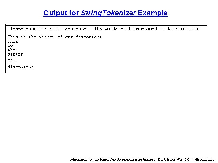 Output for String. Tokenizer Example Adapted from Software Design: From Programming to Architecture by