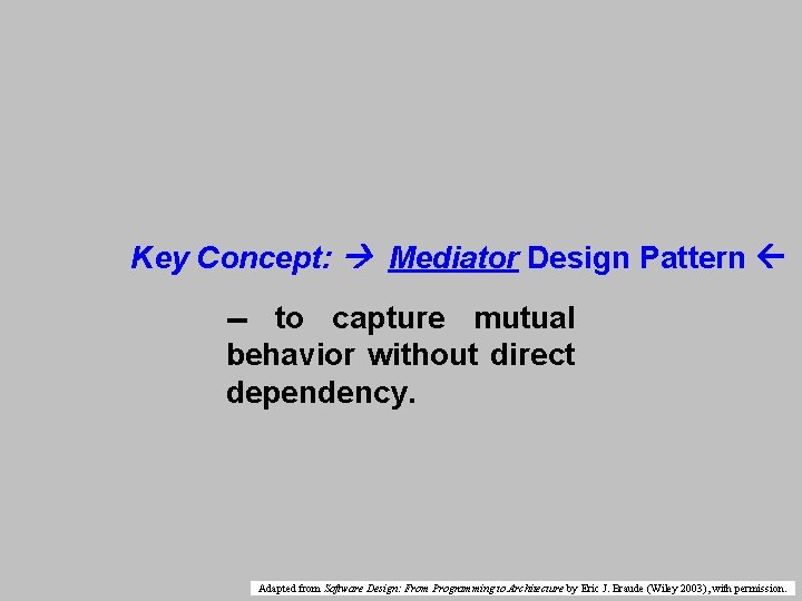 Key Concept: Mediator Design Pattern -- to capture mutual behavior without direct dependency. Adapted