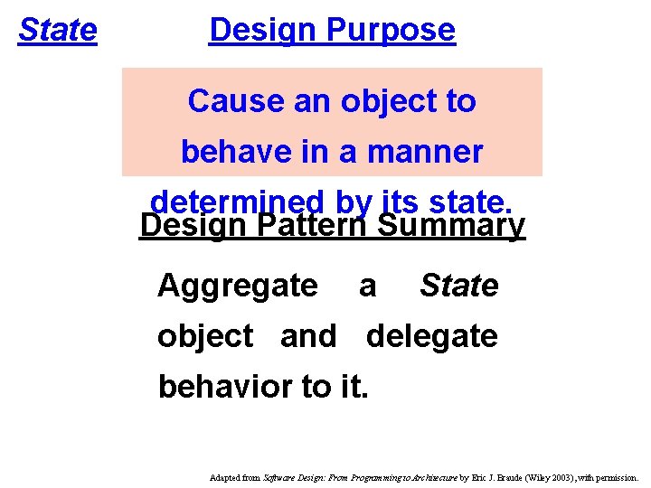 State Design Purpose Cause an object to behave in a manner determined by its