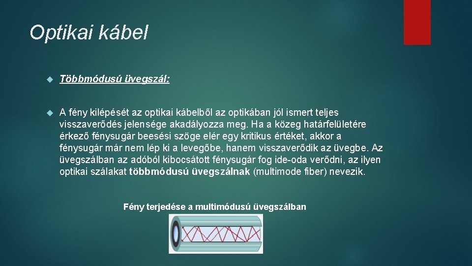 Optikai kábel Többmódusú üvegszál: A fény kilépését az optikai kábelből az optikában jól ismert Optikai kábel Többmódusú üvegszál: A fény kilépését az optikai kábelből az optikában jól ismert