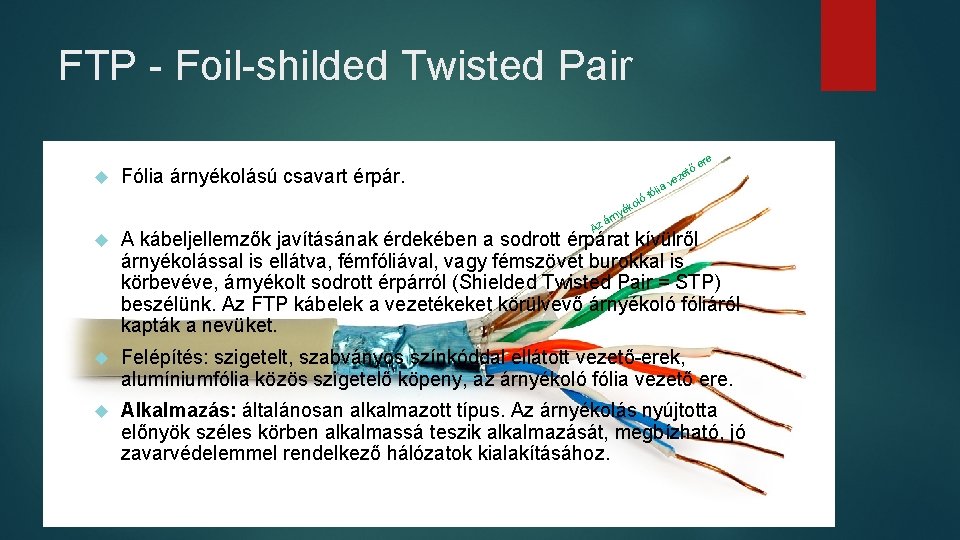 FTP - Foil-shilded Twisted Pair. Fólia árnyékolású csavart érpár. A rn zá ló ko FTP - Foil-shilded Twisted Pair. Fólia árnyékolású csavart érpár. A rn zá ló ko