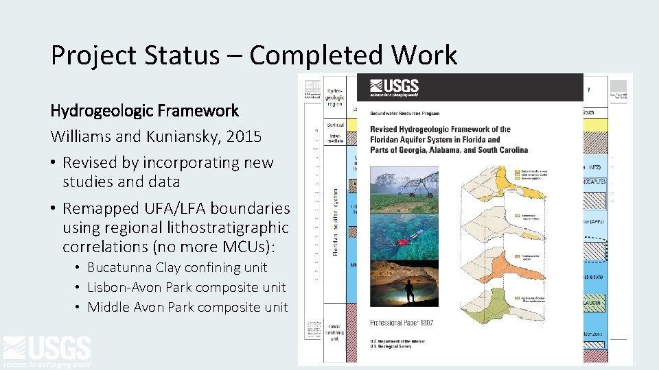 Project Status – Completed Work Hydrogeologic Framework Williams and Kuniansky, 2015 • Revised by