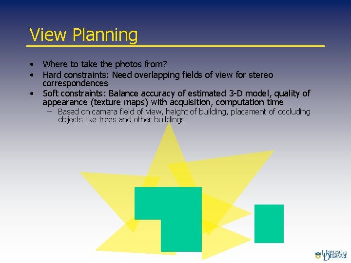 View Planning • • • Where to take the photos from? Hard constraints: Need