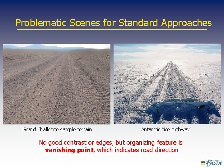 Problematic Scenes for Standard Approaches Grand Challenge sample terrain Antarctic “ice highway” No good