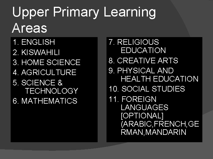 Upper Primary Learning Areas 1. ENGLISH 2. KISWAHILI 3. HOME SCIENCE 4. AGRICULTURE 5.