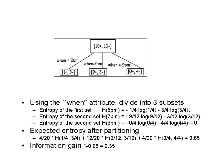 • Using the ``when’’ attribute, divide into 3 subsets – Entropy of the • Using the ``when’’ attribute, divide into 3 subsets – Entropy of the